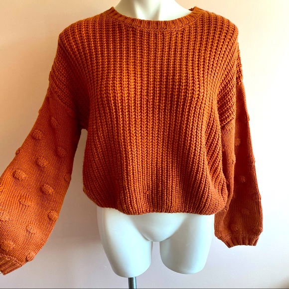 Cropped Swiss Dot Orange Knit Long Sleeve Sweater - Picture 1 of 5